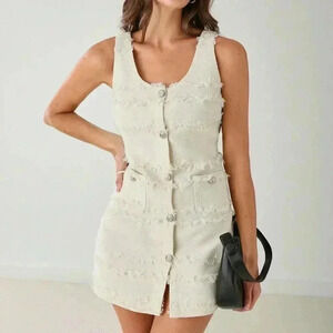 White Casual Women's Single-Breasted High-End Tassel Tweed Sleeveless Dress